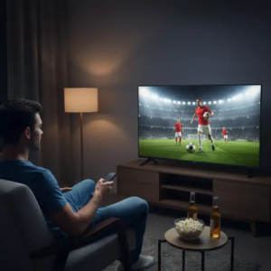 un homme regarde un match foot a la télé hisense 32